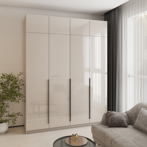 MebelStar 4-door wardrobe with mezzanine Oscar Gloss BL-B, drawer unit + shelves Cashmere/Cashmere, 200x52x260 cm (MBS-5574)