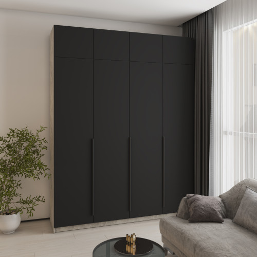 MebelStar 4-door wardrobe with mezzanine Oscar MDF Ultra Mat BL-B, drawer unit + shelves Concrete/Black, 200x52x260 cm (MBS-6049)