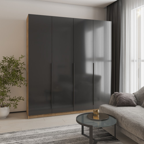 MebelStar 4-door wardrobe Oscar Gloss BL-B, drawer unit + shelves Tahoe oak / Black, 200x52x220 cm (MBS-5339)