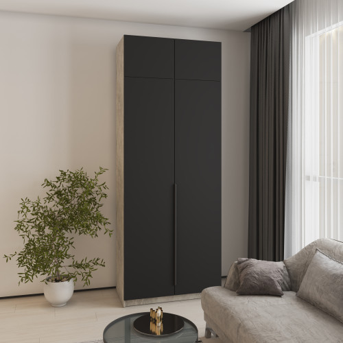 Шкаф 2-дверный с антресолью MebelStar Оскар МДФ Ultra Mat BL-B, стандарт 100x52x260 см Бетон/Черный (MBS-5860)