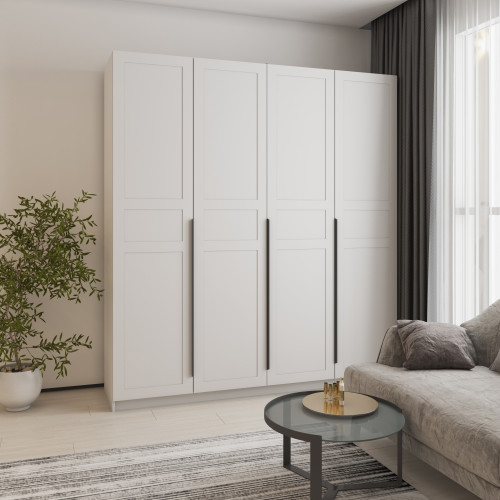 MebelStar 4-door wardrobe Oscar MDF Quadro BL-B, 4 additional shelves Alaska white/White supermatt, 200x52x220 cm (MBS-6160)
