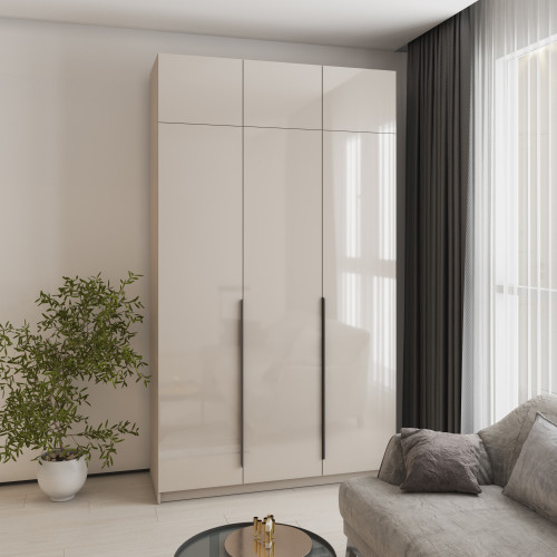 MebelStar 3-door wardrobe with mezzanine Oscar Gloss BL-B, set of shelves Cashmere/Cashmere, 150x52x260 cm (MBS-5476)