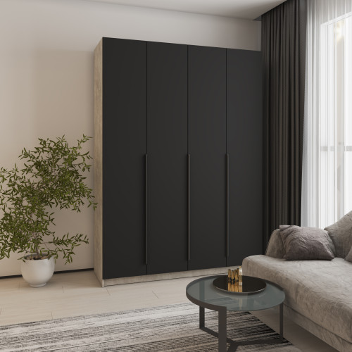 Шкаф 4-дверный MebelStar Оскар МДФ Ultra Mat BL-B, стандарт 160x52x220 см Бетон/Черный (MBS-5741)