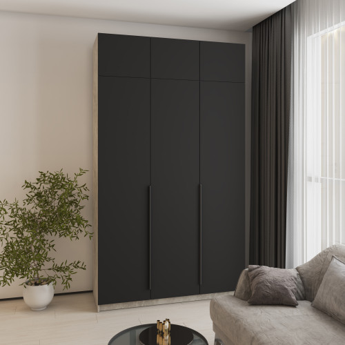 Шкаф 3-дверный с антресолью MebelStar Оскар МДФ Ultra Mat BL-B, комплект полок 150x52x260 см Бетон/Черный (MBS-5951)