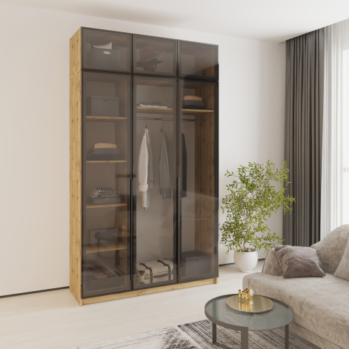 MebelStar 3-door wardrobe with mezzanine Oscar Showcase BL-B, standard Tahoe oak, 150x52x260 cm (MBS-6772)