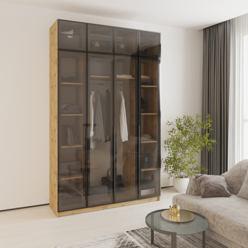 MebelStar 4-door wardrobe with mezzanine Oscar Showcase BL-B, standard Tahoe oak, 160x52x260 cm (MBS-6782)