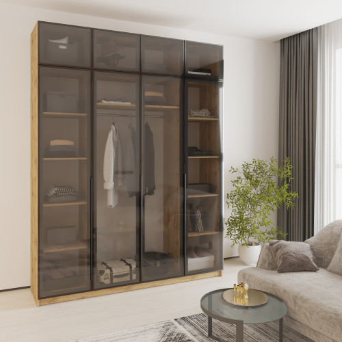 MebelStar 4-door wardrobe with mezzanine Oscar Showcase BL-B, standard Tahoe oak, 200x52x260 cm (MBS-6792)