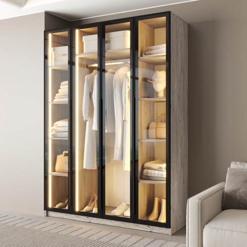 MebelStar 4-door wardrobe Oscar Showcase BL-B with LED lighting, standard Alaska gray, 160x52x220 cm (MBS-11716)