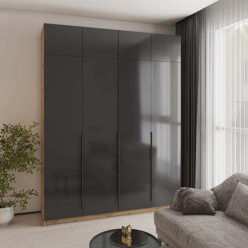 Шкаф 4-дверный с антресолью MebelStar Оскар Gloss BL-B, блок ящиков+полки 200x52x260 см Дуб тахо/Черный (MBS-5577)