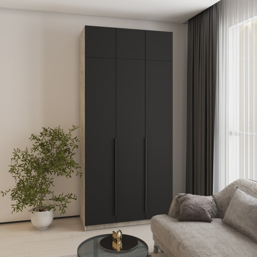 MebelStar 3-door wardrobe with mezzanine Oscar MDF Ultra Mat BL-B, drawer unit + shelves Concrete/Black, 120x52x260 cm (MBS-5923)