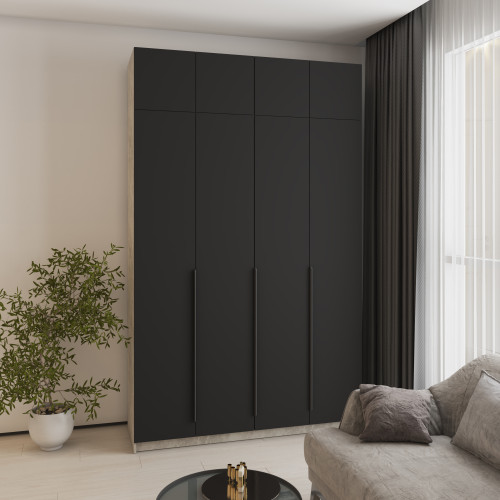 MebelStar 4-door wardrobe with mezzanine Oscar MDF Ultra Mat BL-B, set of shelves Concrete/Black, 160x52x260 cm (MBS-5993)