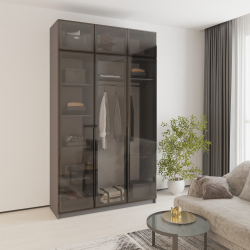 Шафа 3-дверна з антресоллю MebelStar Оскар Вітрина BL-B, стандарт 150x52x260 см Антрацит (MBS-6764)
