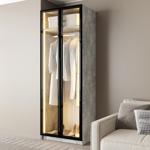 MebelStar 2-door wardrobe Oscar Showcase BL-B with LED lighting, standard Concrete, 80x52x220 cm (MBS-11678)