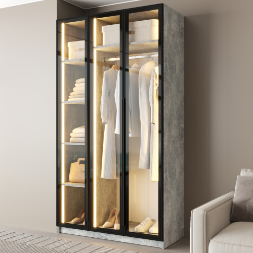 MebelStar 3-door wardrobe Oscar Showcase BL-B with LED lighting, standard Concrete, 120x52x220 cm (MBS-11698)