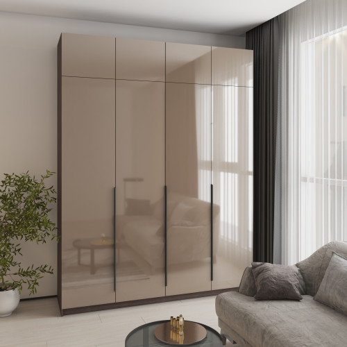 MebelStar 4-door wardrobe with mezzanine Oscar Gloss BL-B, set of shelves Ristreto oak/Latte, 200x52x260 cm (MBS-5559)