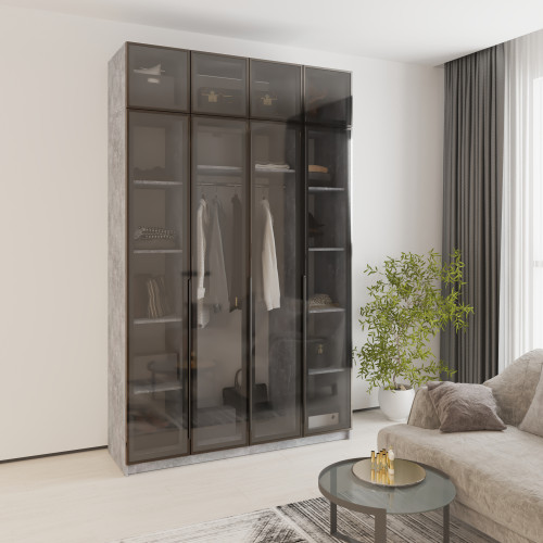 MebelStar 4-door wardrobe with mezzanine Oscar Showcase BL-B, standard Concrete, 160x52x260 cm (MBS-6775)