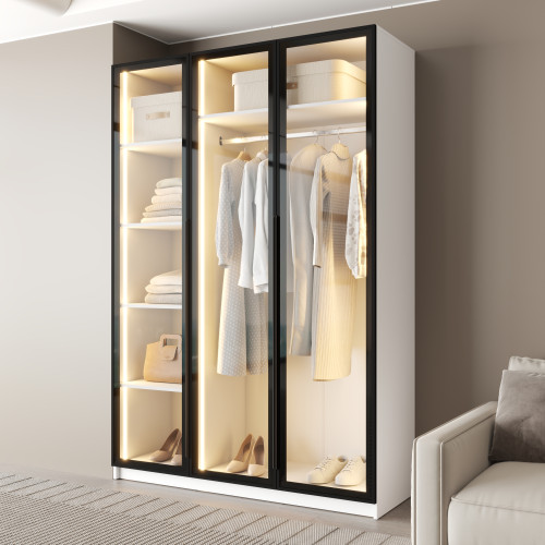 MebelStar 3-door wardrobe Oscar Showcase BL-B with LED lighting, standard Alaska white, 150x52x220 cm (MBS-11709)