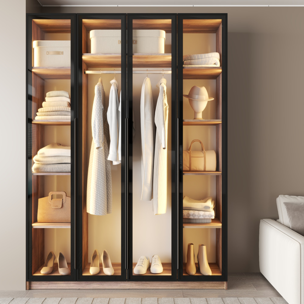 MebelStar 4-door wardrobe Oscar Showcase BL-B with LED lighting, standard Amber oak, 160x52x220 cm (MBS-11720)