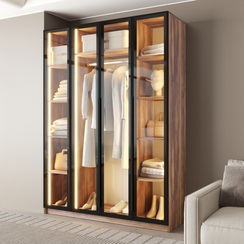 MebelStar 4-door wardrobe Oscar Showcase BL-B with LED lighting, standard Amber oak, 160x52x220 cm (MBS-11720)