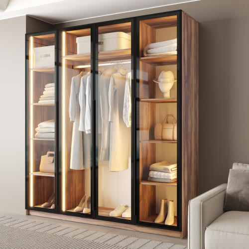 MebelStar 4-door wardrobe Oscar Showcase BL-B with LED lighting, standard Amber oak, 200x52x220 cm (MBS-11730)