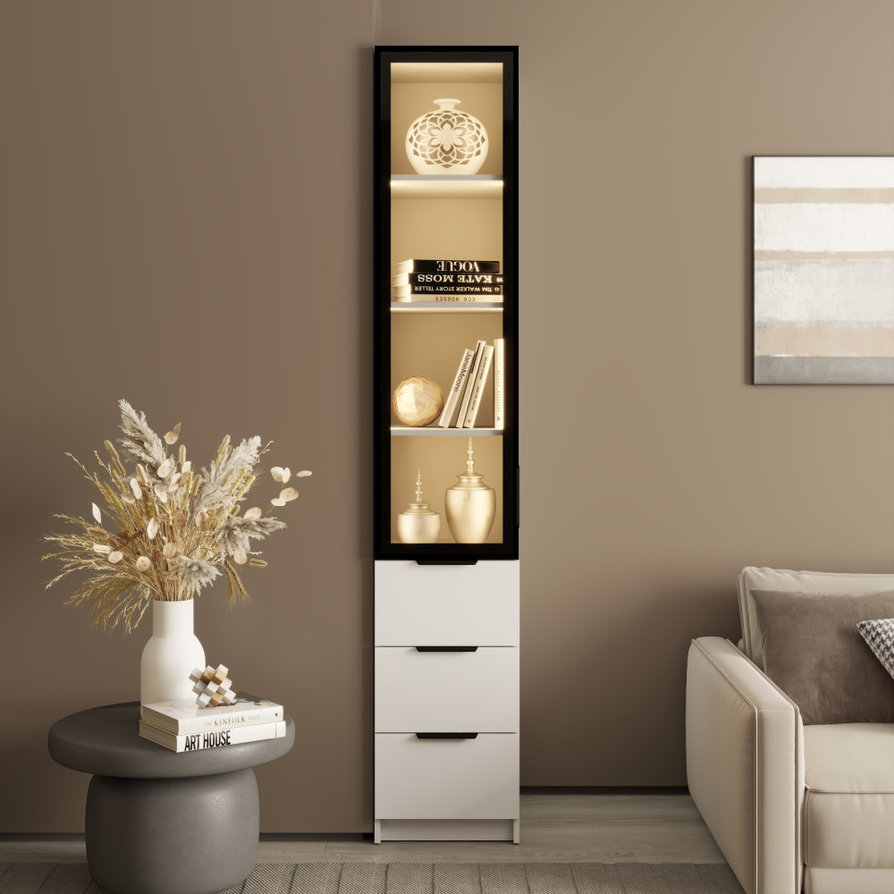 Пенал C с выдвижными ящиками MebelStar Оскар Витрина с LED-подсветкой 40x52x220 см Аляска белая (MBS-13478)