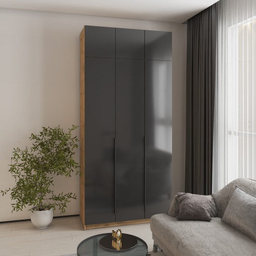Шкаф 3-дверный с антресолью MebelStar Оскар Gloss BL-B, блок ящиков+полки 120x52x260 см Дуб тахо/Черный (MBS-5451)