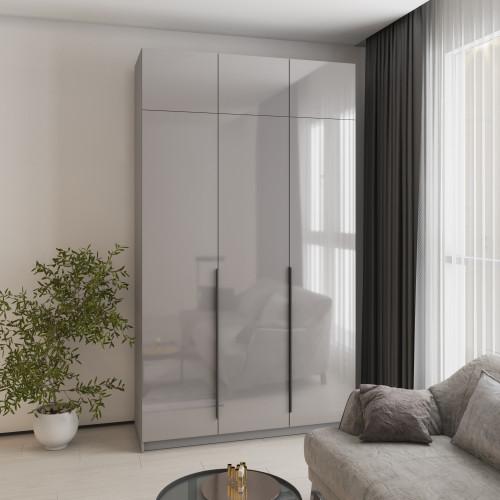 MebelStar 3-door wardrobe with mezzanine Oscar Gloss BL-B, drawer unit + shelves Gray mouse/Gray, 150x52x260 cm (MBS-5491)