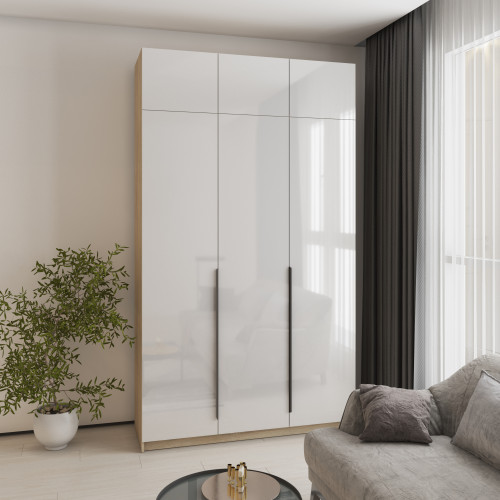 MebelStar 3-door wardrobe with mezzanine Oscar Gloss BL-B, additional rod Sonoma oak/White, 150x52x260 cm (MBS-5471)