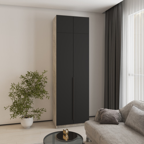 MebelStar 2-door wardrobe with mezzanine Oscar MDF Ultra Mat BL-B, drawer unit Concrete/Black, 80x52x260 cm (MBS-5846)