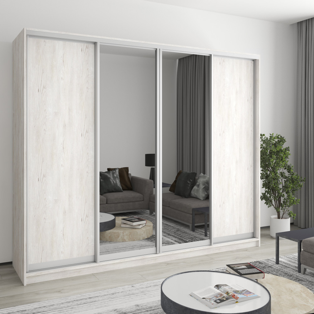 Шкаф-купе четырехдверный MebelStar Стандарт AL 2ДСП/2 Зеркала 250x60x210 см Аляска серый (MBS-12246)