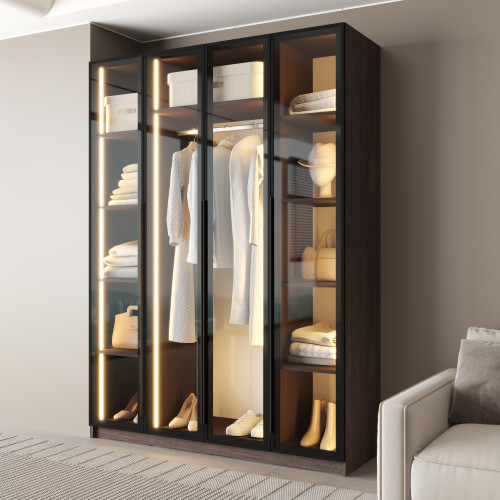 MebelStar 4-door wardrobe Oscar Showcase BL-B with LED lighting, standard Ristreto oak, 160x52x220 cm (MBS-11721)
