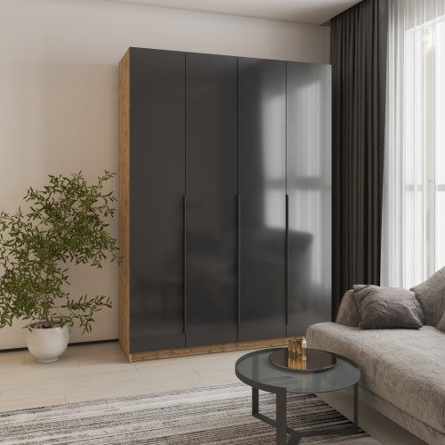 Шафа 4-дверна MebelStar Оскар Gloss BL-B, додаткова штанга 160x52x220 см Дуб тахо/Чорний (MBS-5276)