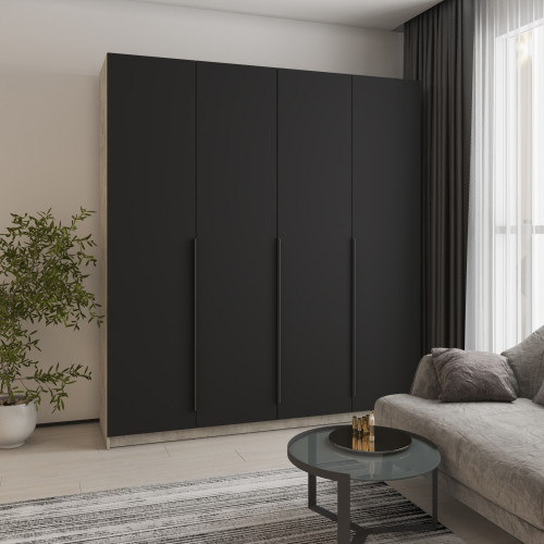 Шафа 4-дверна MebelStar Оскар МДФ Ultra Mat BL-B, комплект полиць 200x52x220 см Бетон/Чорний (MBS-5797)