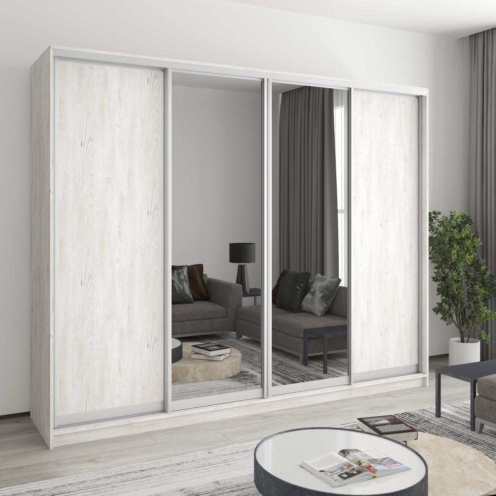 Шкаф-купе четырехдверный MebelStar Стандарт AL 2ДСП/2 Зеркала 260x60x210 см Аляска серый (MBS-12247)