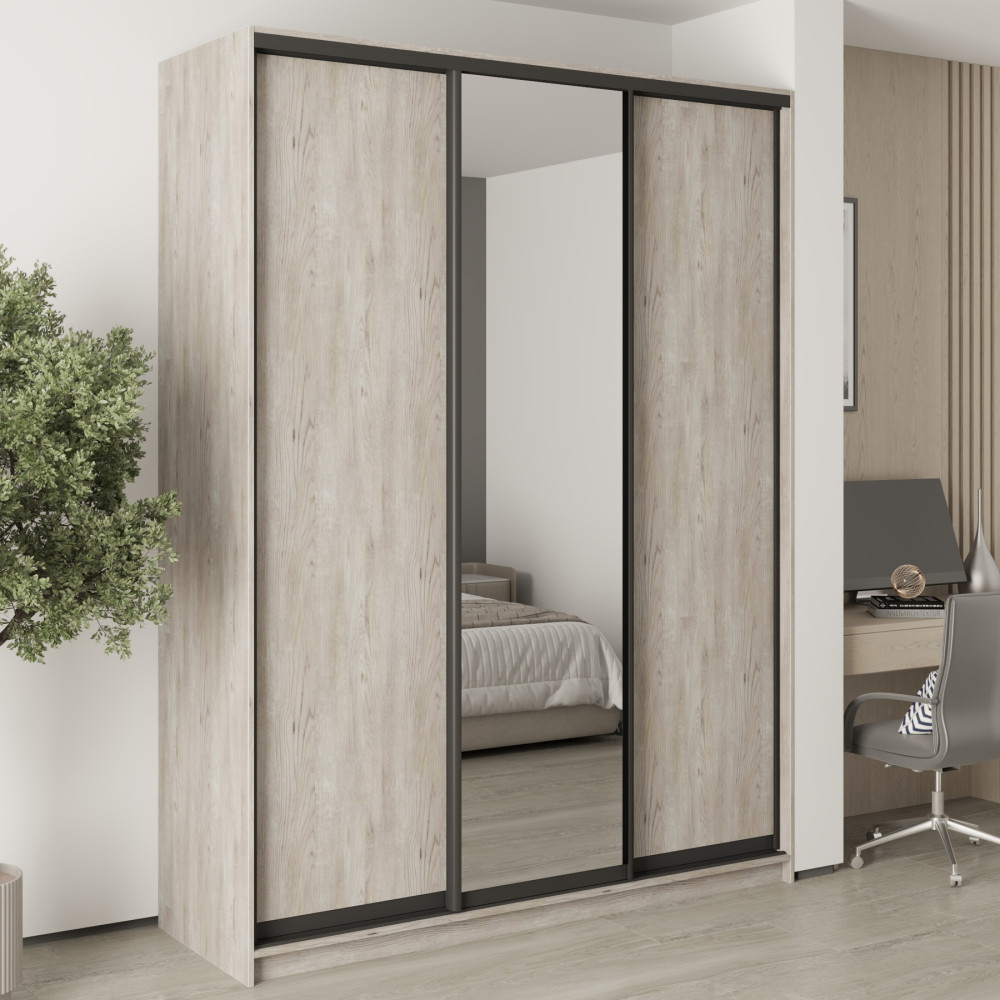 MebelStar Three-door wardrobe Uni BG 2DSP/Mirror Alaska gray, 180x45x240 cm (MBS-8189)