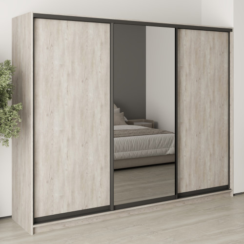 MebelStar Three-door wardrobe Uni BG 2DSP/Mirror Alaska gray, 260x45x210 cm (MBS-8010)