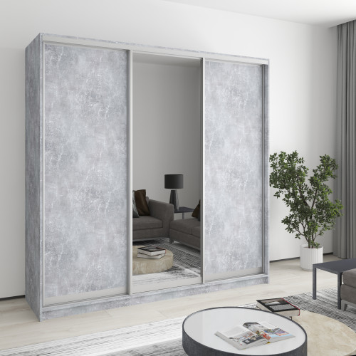 MebelStar Three-door wardrobe Standard AL 2DSP/Mirror Concrete, 210x45x210 cm (MBS-2941)