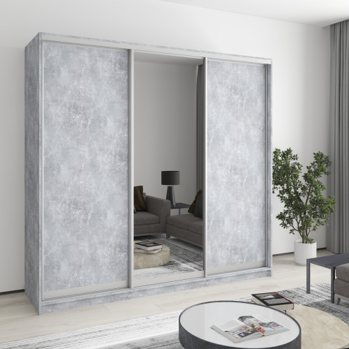 MebelStar Three-door wardrobe Standard AL 2DSP/Mirror Concrete, 220x45x210 cm (MBS-2942)