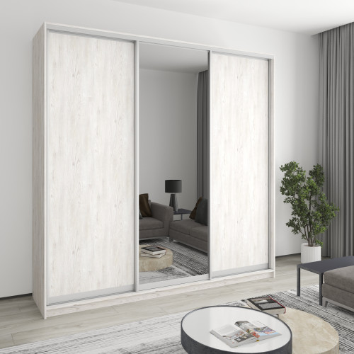 MebelStar Three-door wardrobe Uni AL 2DSP/Mirror Alaska gray, 240x45x240 cm (MBS-1970)