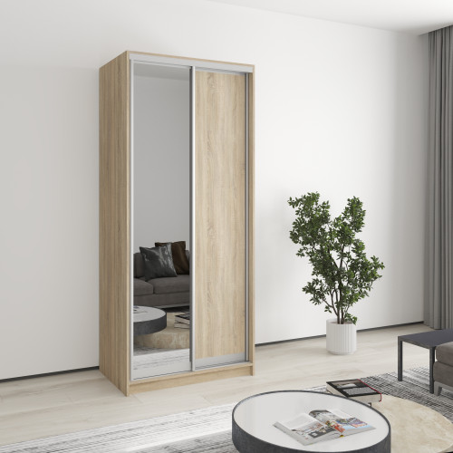 MebelStar Two-door wardrobe Uni AL Chipboard/Mirror Sonoma Oak, 90x45x210 cm (MBS-2614)